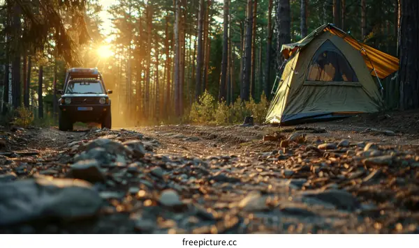 Camping in the woods with a 4x4 vehicle