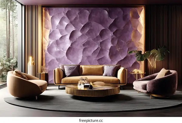 Modern Living Room Interior Design with Purple Stone Wall