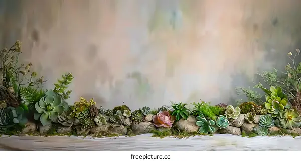 Succulent Plants with Stone Border and Natural Background