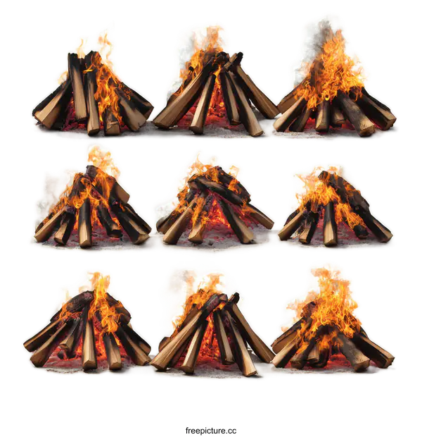 [Transparent Background PNG]Different Stages of Burning Campfire