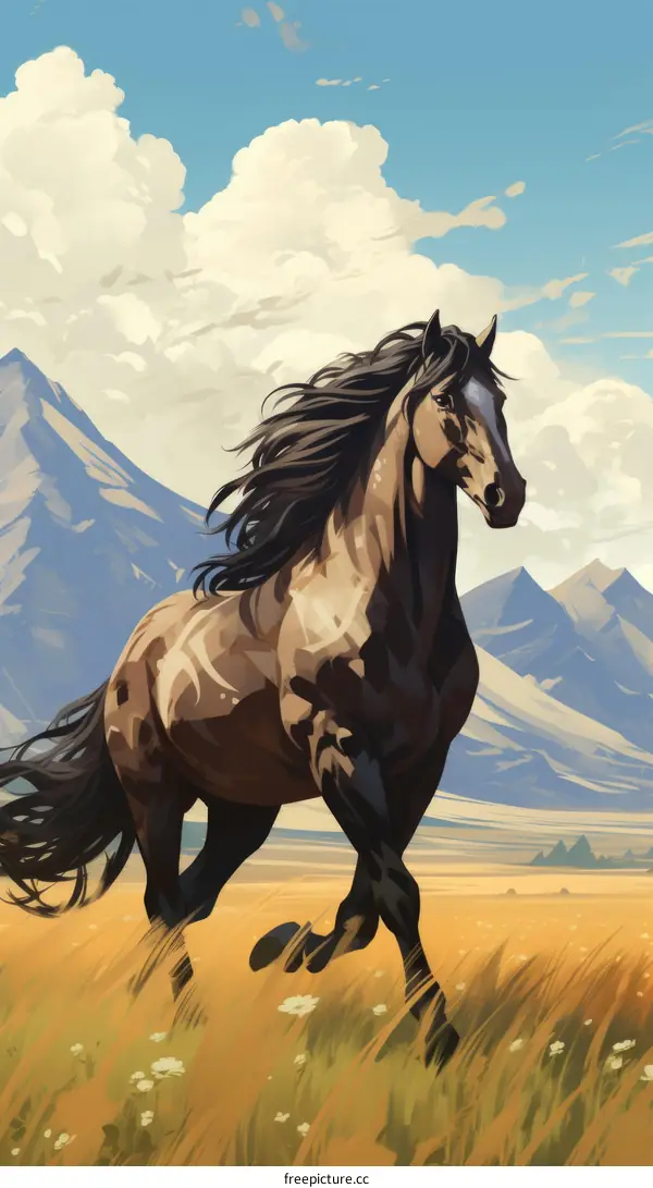 A horse galloping across a vast field under a cloudy sky