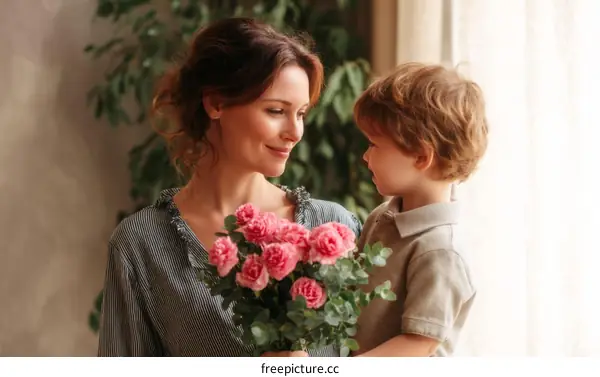 Mother and Son Celebrating Mothers Day with Flowers
