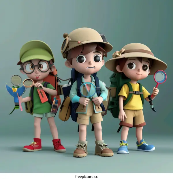 Three young explorers with magnifying glasses