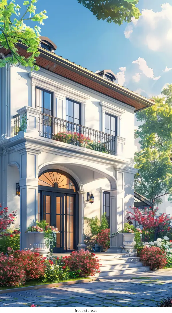 A beautiful house with a garden full of flowers