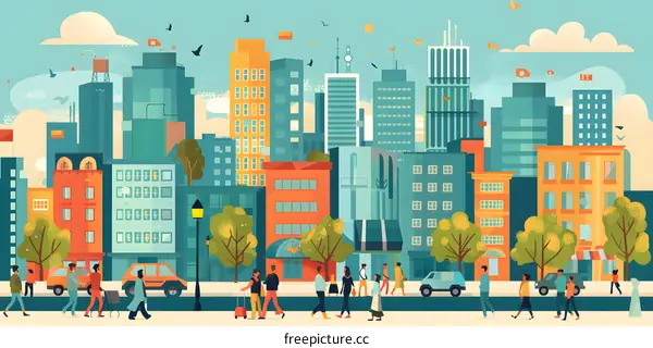 Diverse People Walking on City Street with Buildings in the Background