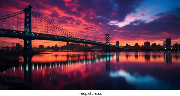 Suspension bridge over river at sunset in New York City