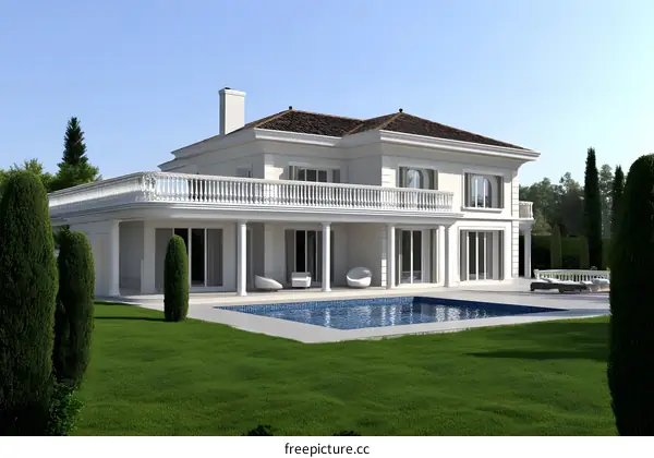 Luxury White Villa with Swimming Pool and Green Trees