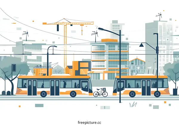 Cityscape Illustration with Buses and Construction Crane