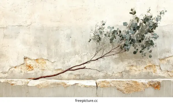 Rustic Eucalyptus Branch Against Aged Wall