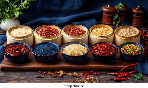 Assortment of Colorful Dried Spices and Grains in Steamed Bamboo Bowls