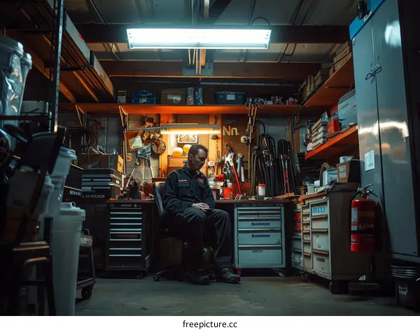 mechanic sits in his garage surrounded by tools