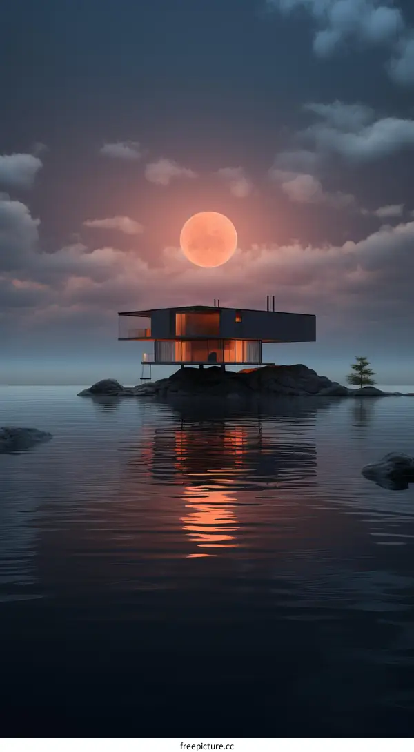 A modern house on a rock in the middle of the ocean with a full moon rising in the background