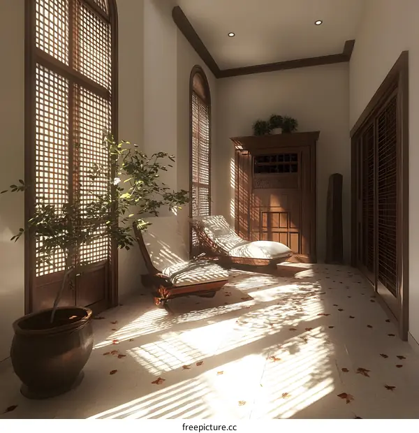 Minimalist Interior Design with Lounger Chairs and Wooden Cabinet in a Sunlit Room