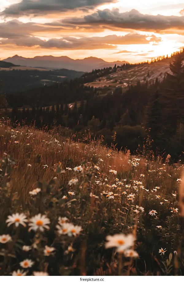 Beautiful Sunset View Over Mountain Range With Daisies