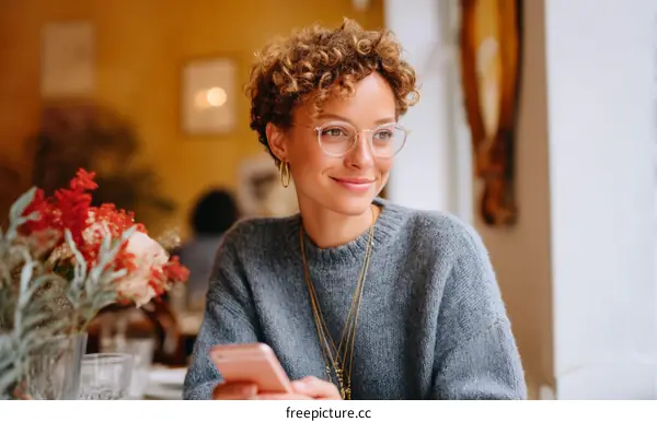 Woman in cafe using smartphone