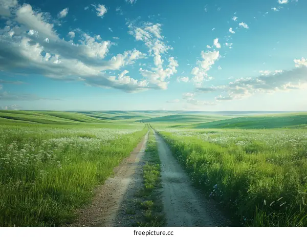 Country road through a lush green field