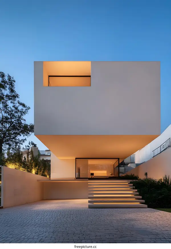 Modern House with Overhanging Design and Stone Stairs