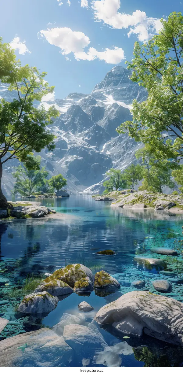 Stunning Mountain Lake with Crystal Clear Water and Snow-Capped Peaks