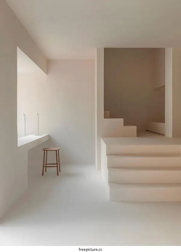 Minimalist Interior Design With White Walls And Wooden Stool