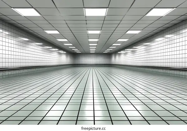 Empty White Tiled Corridor With Recessed Lights