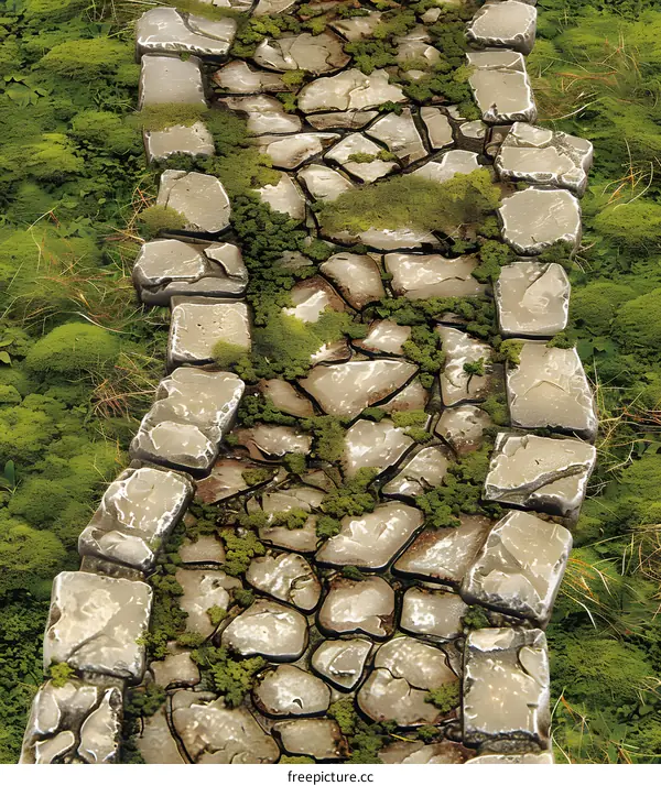Cobblestone Pathway through Lush Green Grass