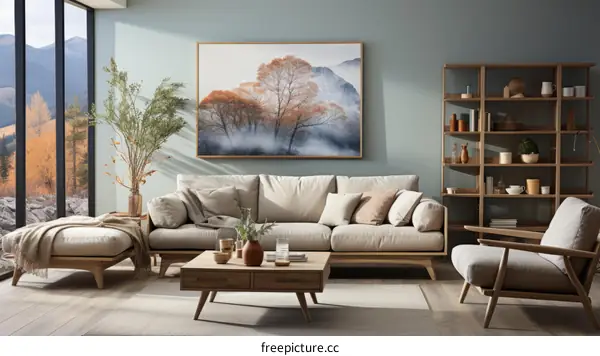 A stylish living room with a large painting of a forest on the wall