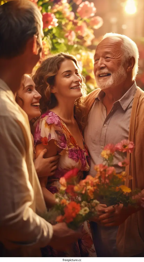 An elderly man and woman with two young women in a flower shop