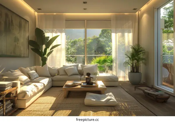 Indoor plants and floor-to-ceiling windows