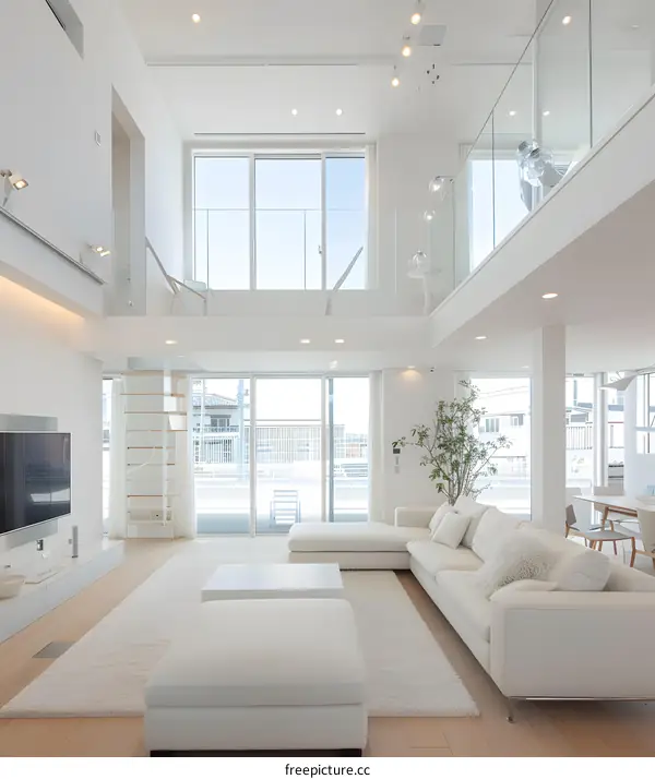Modern Minimalist White Living Room Interior Design With Large Windows And White Sofa