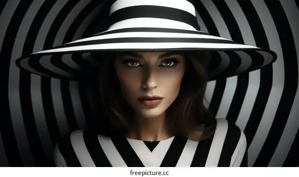 portrait of a woman wearing a black and white striped hat and dress