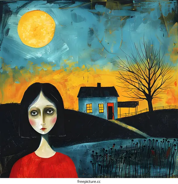 A girl with black hair and red clothes standing in front of a blue house under the bright yellow moon