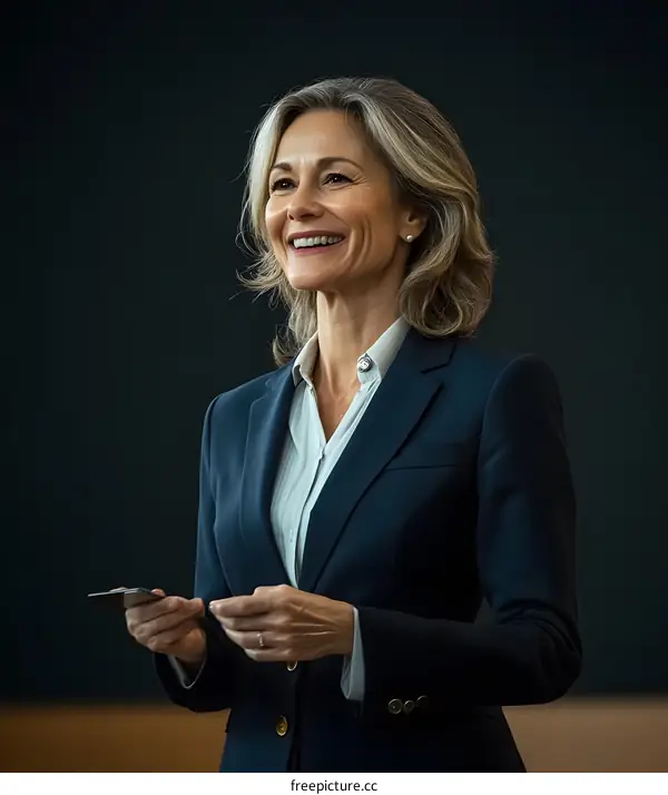 Smiling Businesswoman in Blue Suit Holding a Card