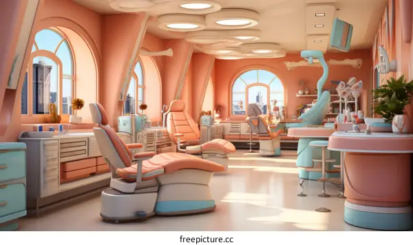 Modern Dental Office Interior with Pink and Blue Equipment