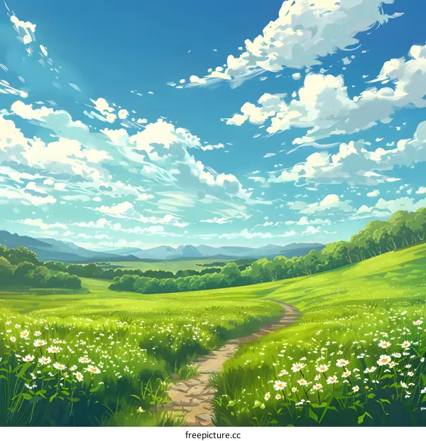 Hand-painted illustration: hills, forests, grasslands, flowers and sky
