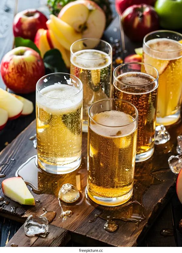 Freshly Made Apple Cider with Apple Slices on Wooden Cutting Board