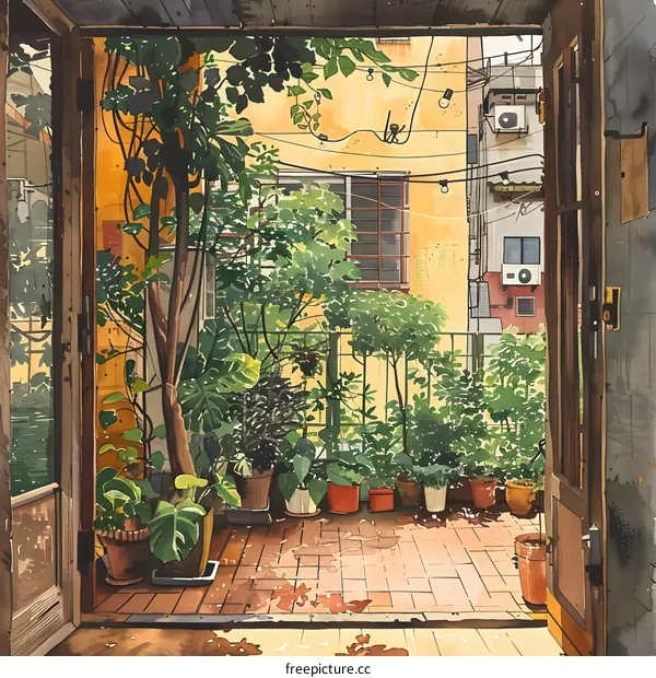 Indoor plants in pots on a sunny terrace