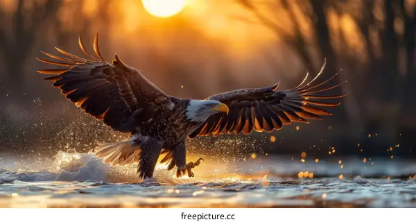 Bald Eagle In Flight Over Water