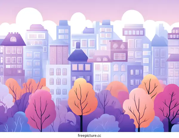 Cityscape Illustration with Purple and Pink Color Palette