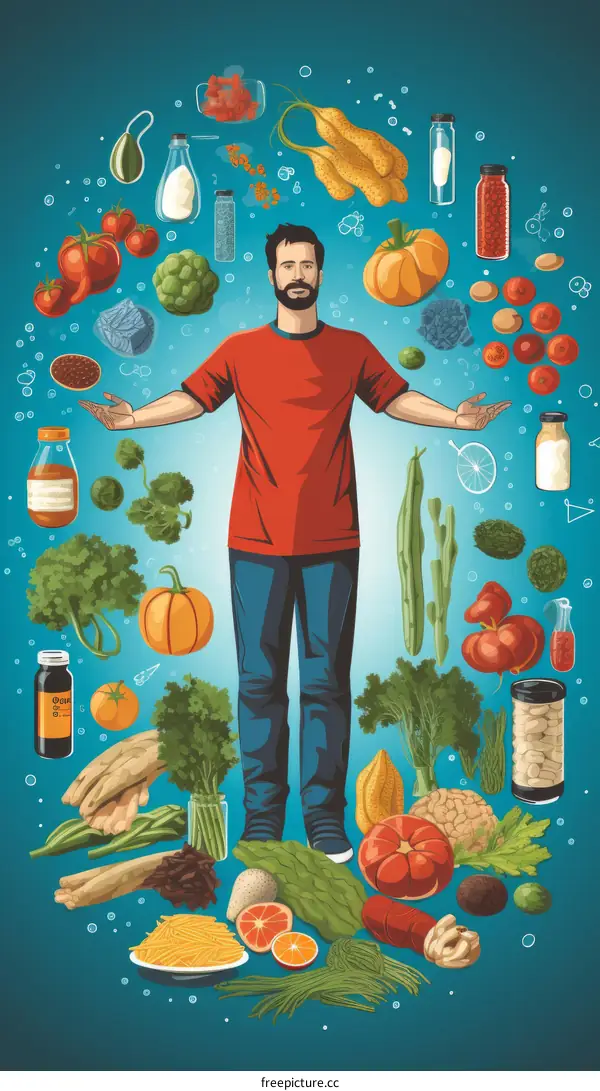 man surrounded by healthy food