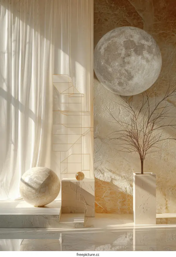 Minimalist Beige Interior Design with Large Moon Decor