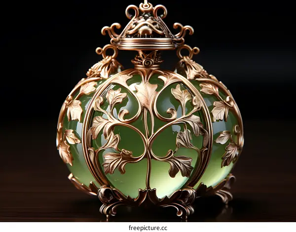 Antique Green Glass Bottle With Ornate Gold Design