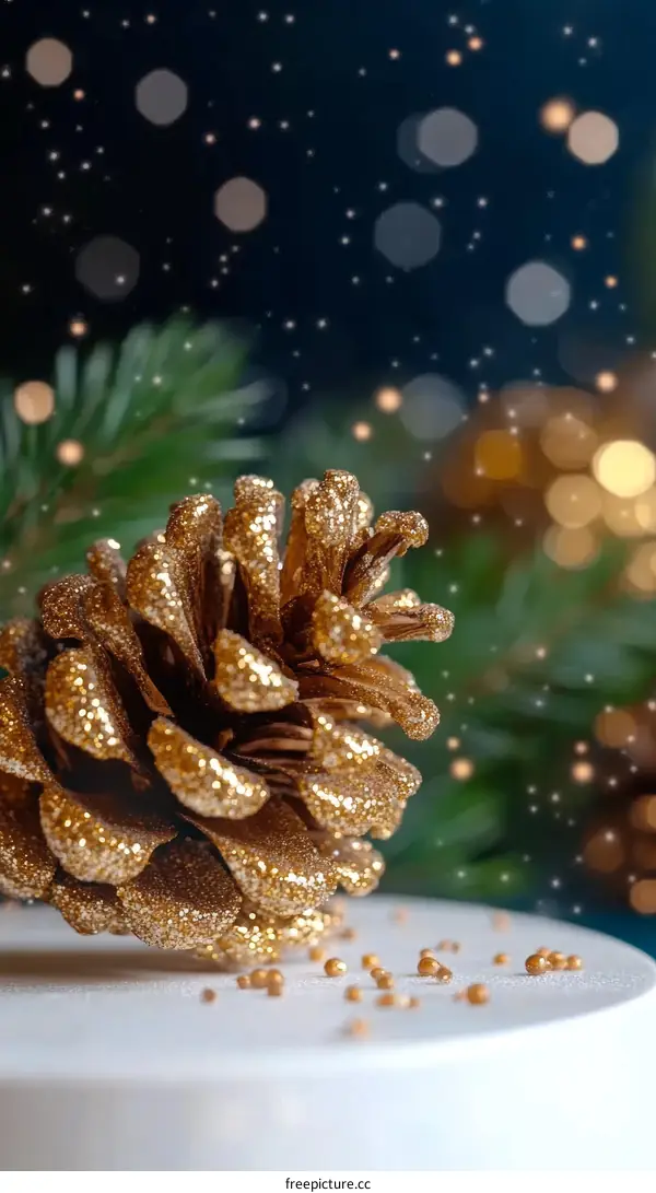 Golden Christmas Pine Cone on a White Background