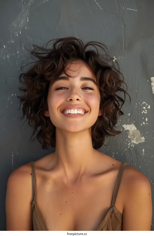 portrait of a smiling young woman with short brown hair