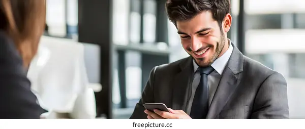 Smiling Businessman Using Smartphone in Office