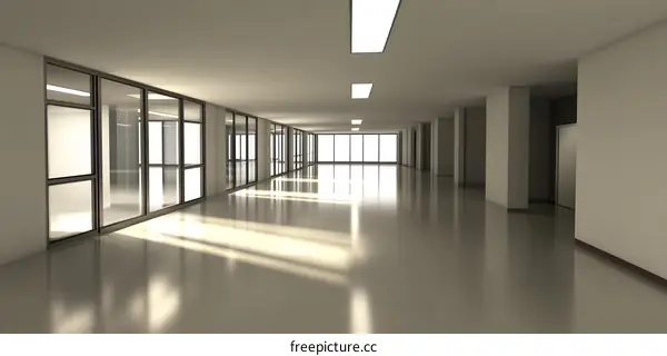 Empty Modern Office Hallway with Large Windows