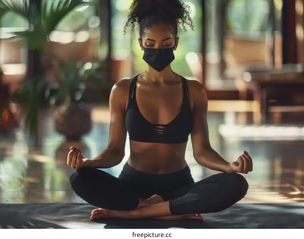 Meditating black woman in sportswear and face mask