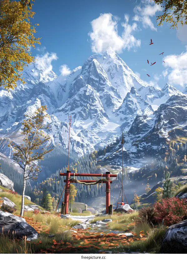 Snowy Mountain Scenery with Red Torii Gate