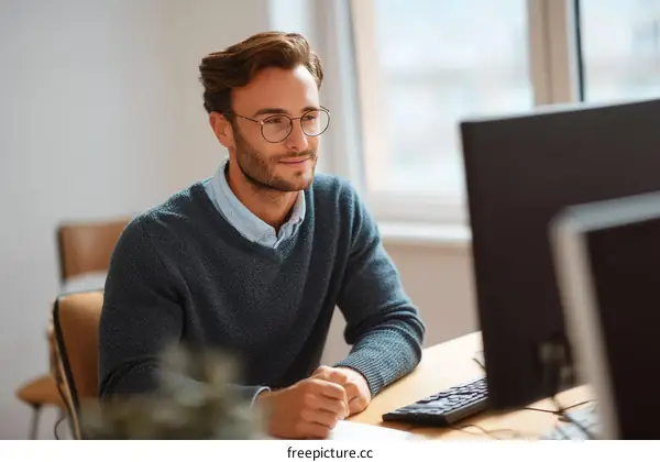 Businessman Working on Computer in Office