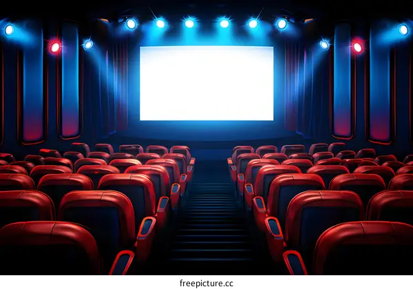 Empty Cinema Theater with Red Seats and Blank Screen