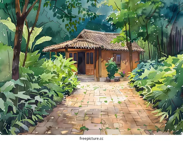 Watercolor Painting of a House in the Woods